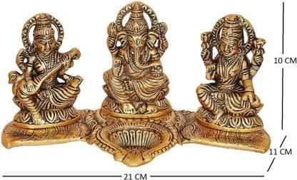 Gold-Plated Lakshmi Ganesh Saraswati Idol with Deepak – Divine Metal Showpiece (21 cm)