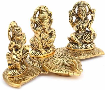Gold-Plated Lakshmi Ganesh Saraswati Idol with Deepak – Divine Metal Showpiece (21 cm)