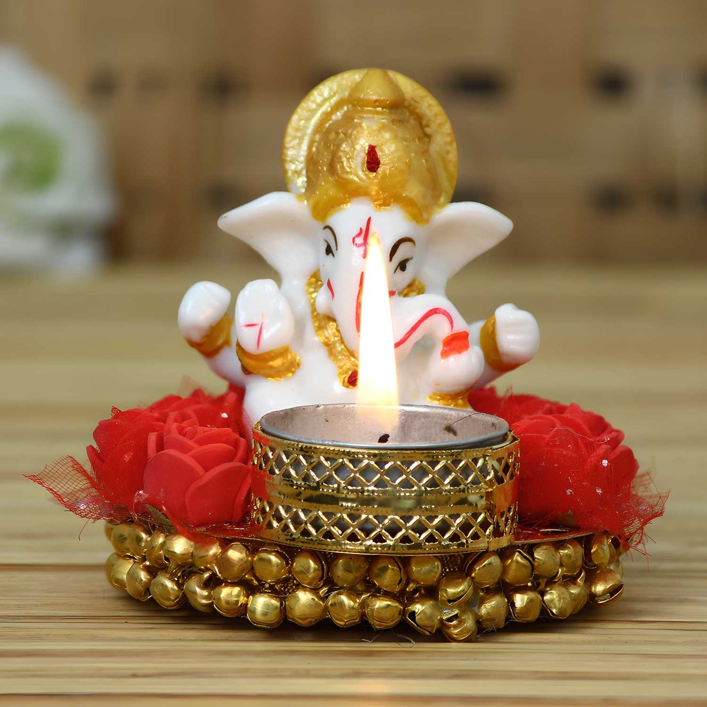 Decorative Ganesha Idol with Tealight Holder on Designer Plate – Divine Showpiece