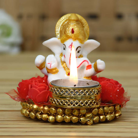 Decorative Ganesha Idol with Tealight Holder on Designer Plate – Divine Showpiece