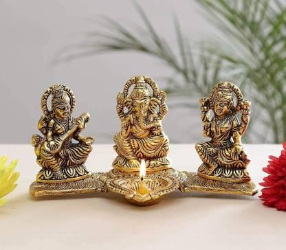 Gold-Plated Lakshmi Ganesh Saraswati Idol with Deepak – Divine Metal Showpiece (21 cm)