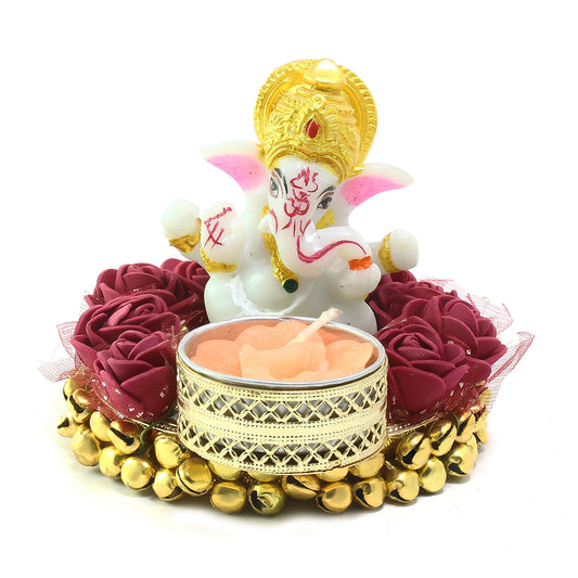 Decorative Ganesha Idol with Tealight Holder on Designer Plate – Divine Showpiece