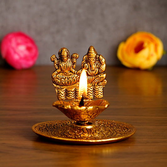 Golden Metal Laxmi Ganesh Diya – Auspicious Decorative Showpiece