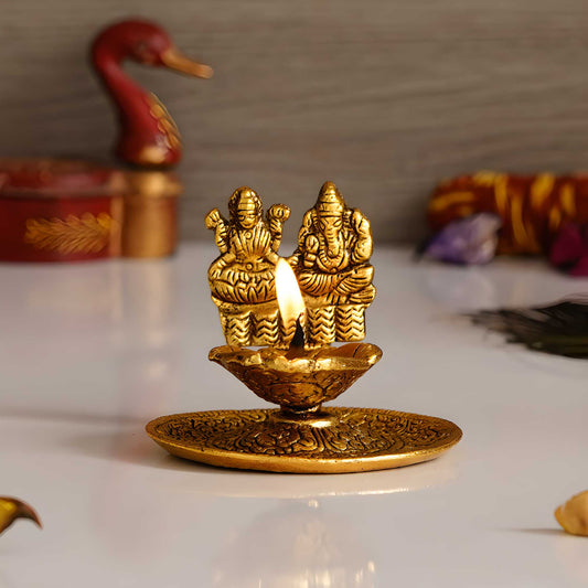 Golden Metal Laxmi Ganesh Diya – Auspicious Decorative Showpiece